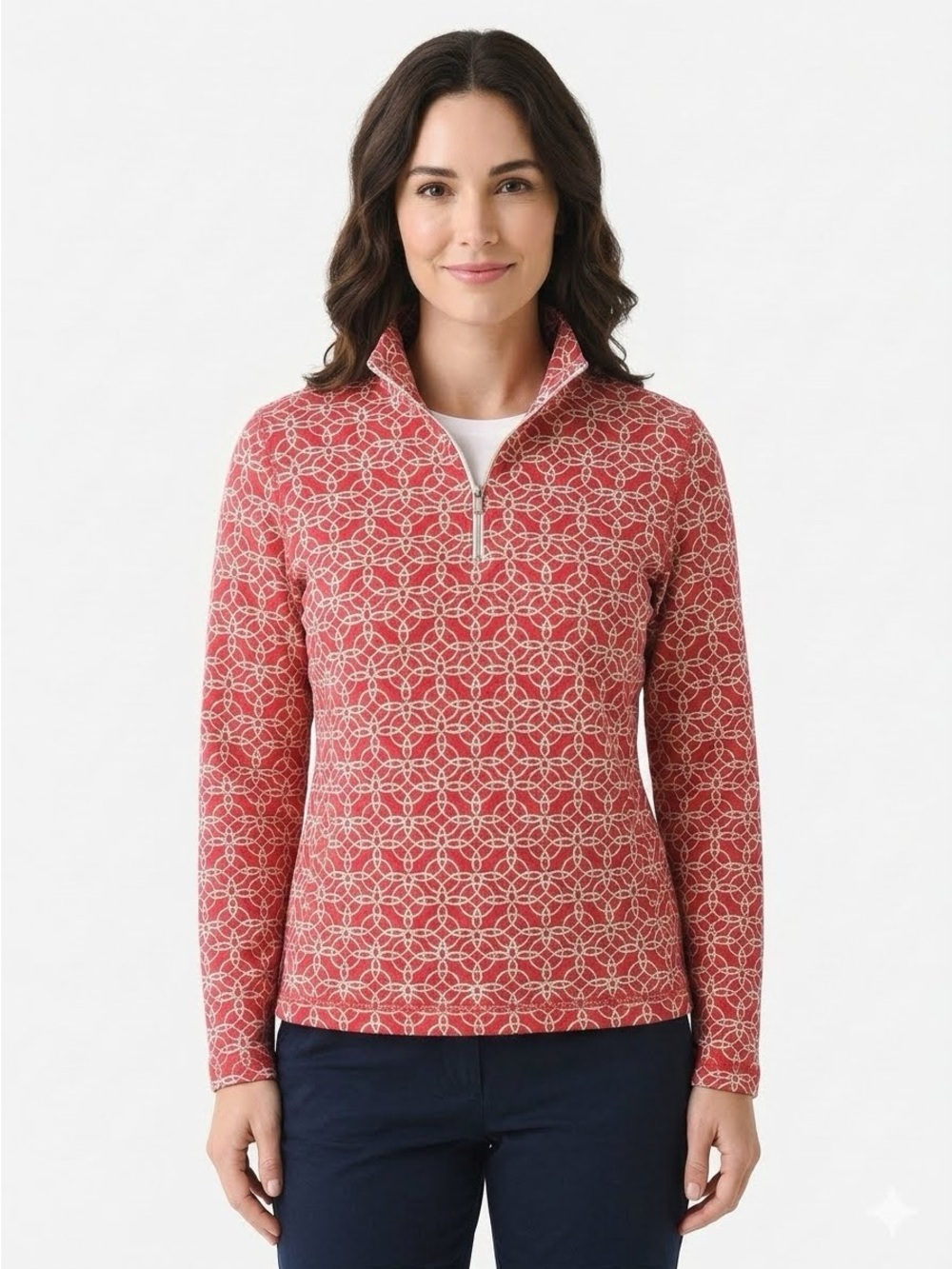 Talbots Coral Geometric Quarter-Zip Pullover with Kangaroo Pocket Size L